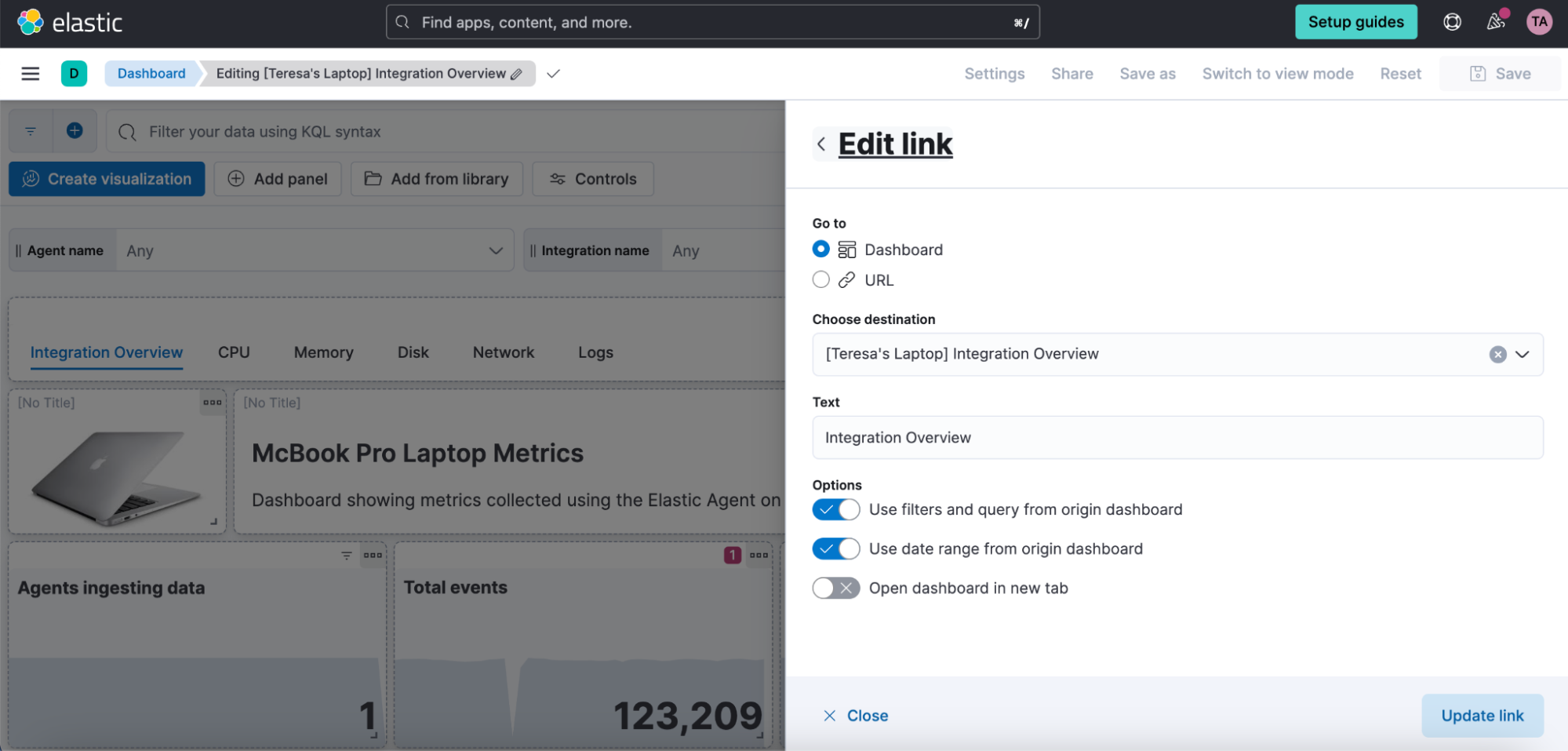 An example of how to edit links using the panel flyout