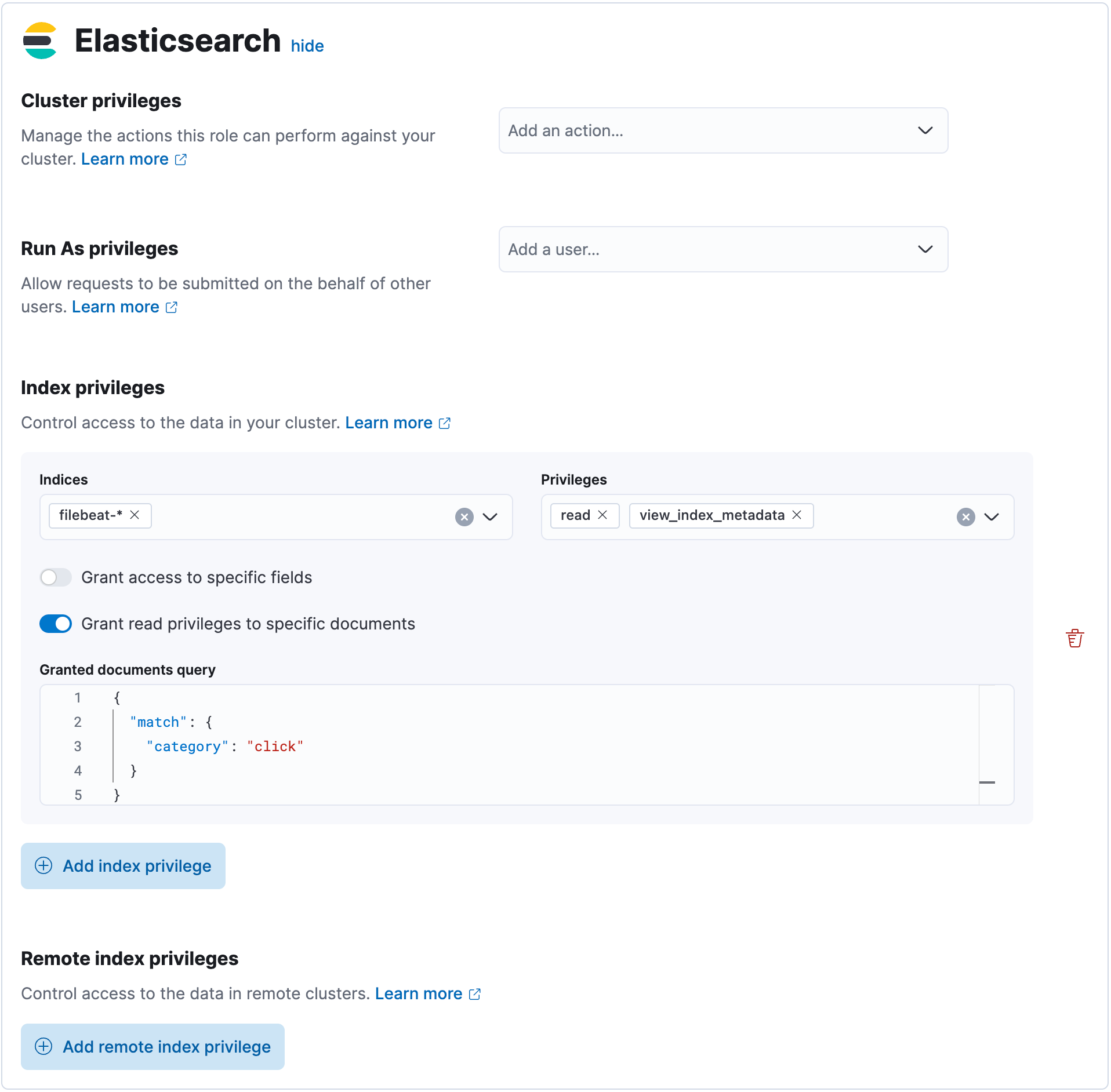 Create role with DLS index privileges