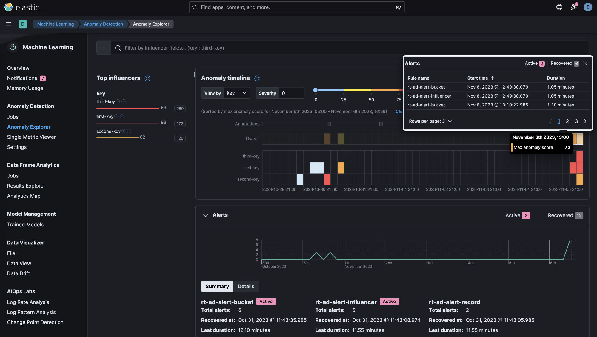 A screenshot of the anomaly explorer UI