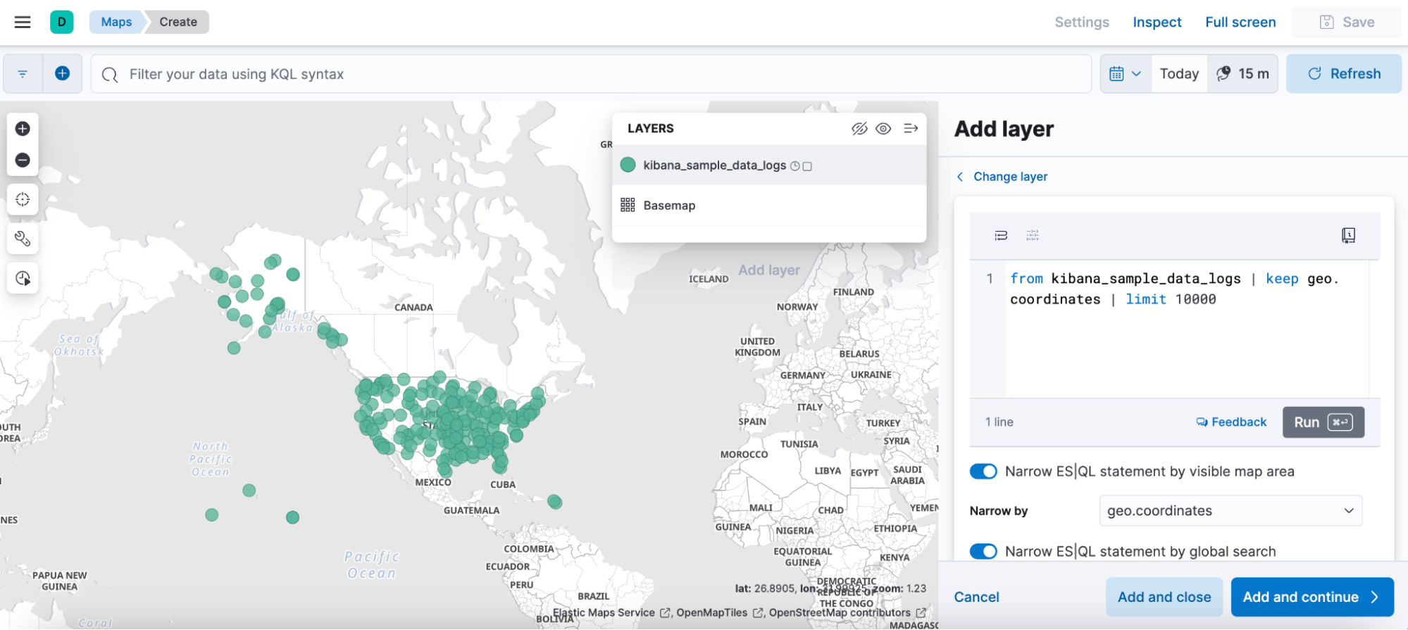 An image of ES|QL applied to a map.