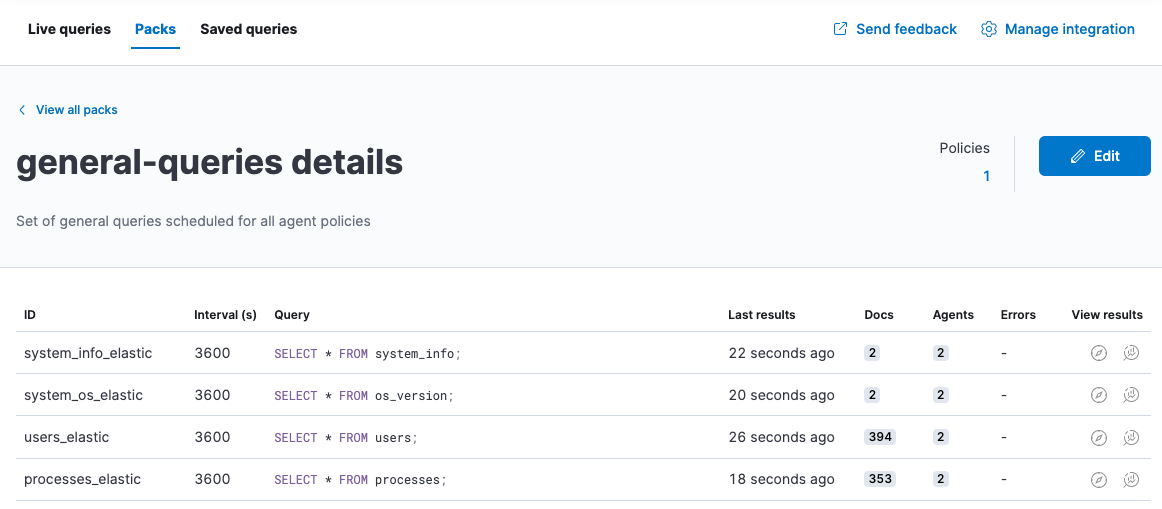 Shows queries in the pack and details about each query