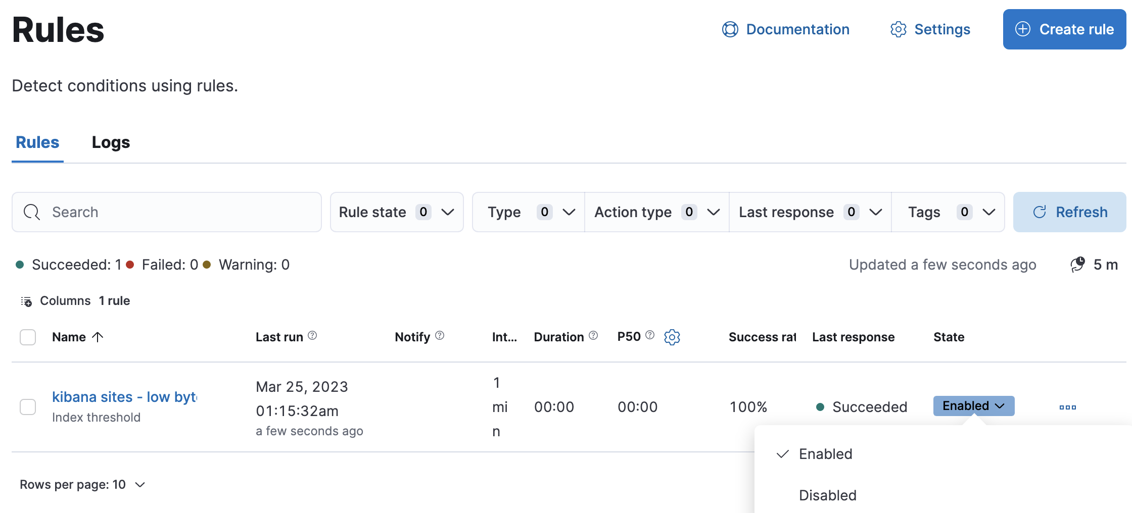 Use the rule status dropdown to enable or disable an individual rule