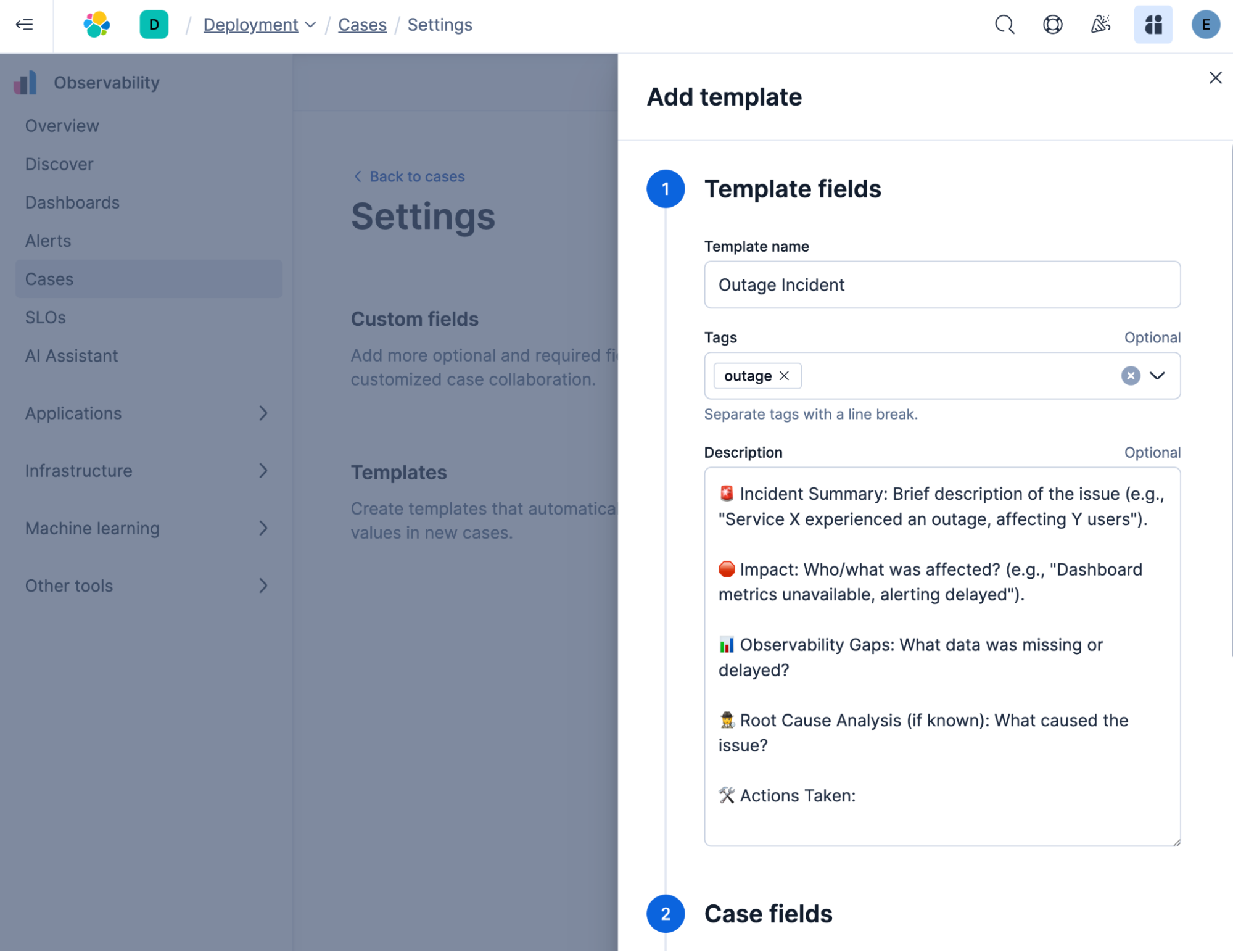 The Add template flyout in Case Settings