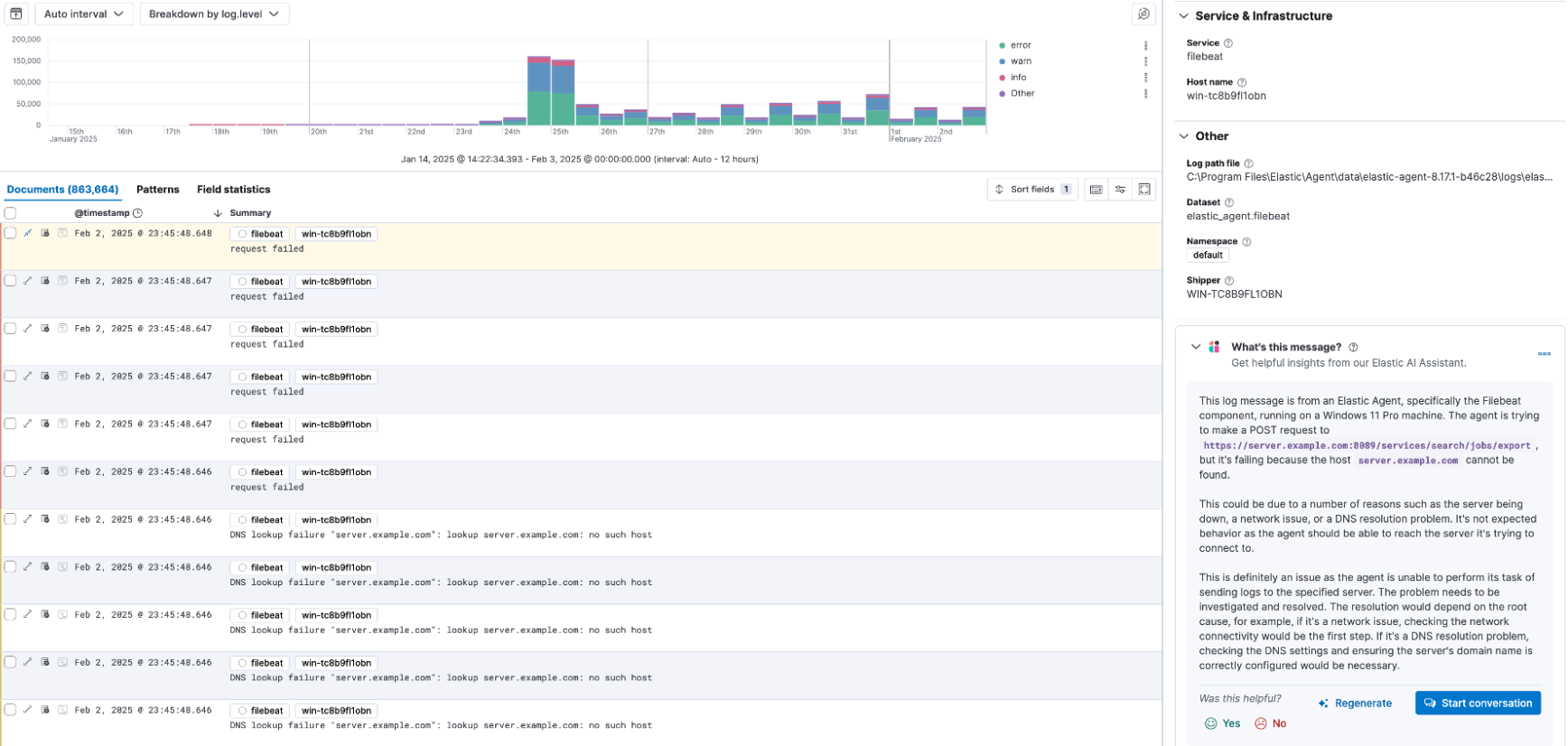 Elastic AI Assistant in the log details flyout