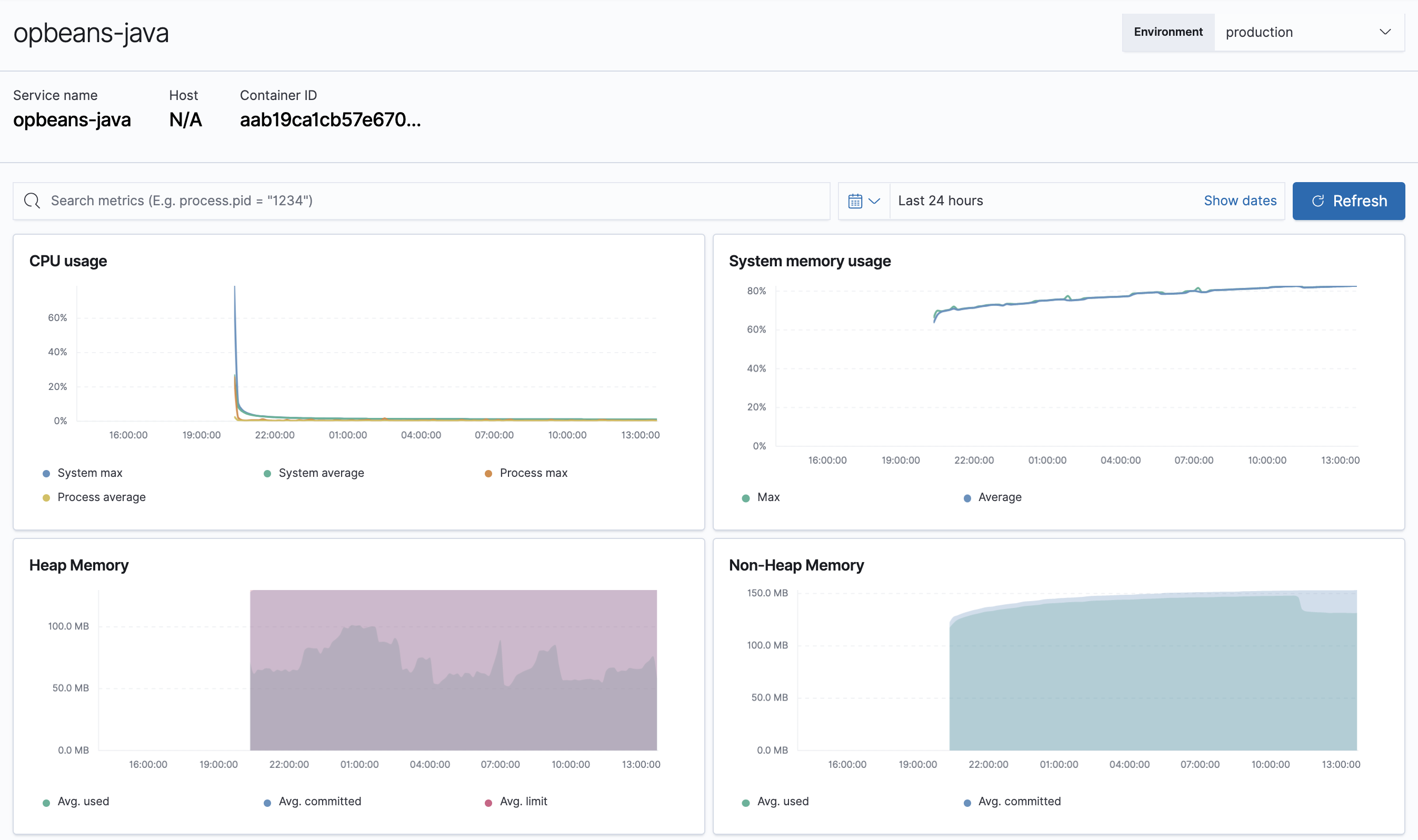 Example view of the Metrics overview for the Java Agent