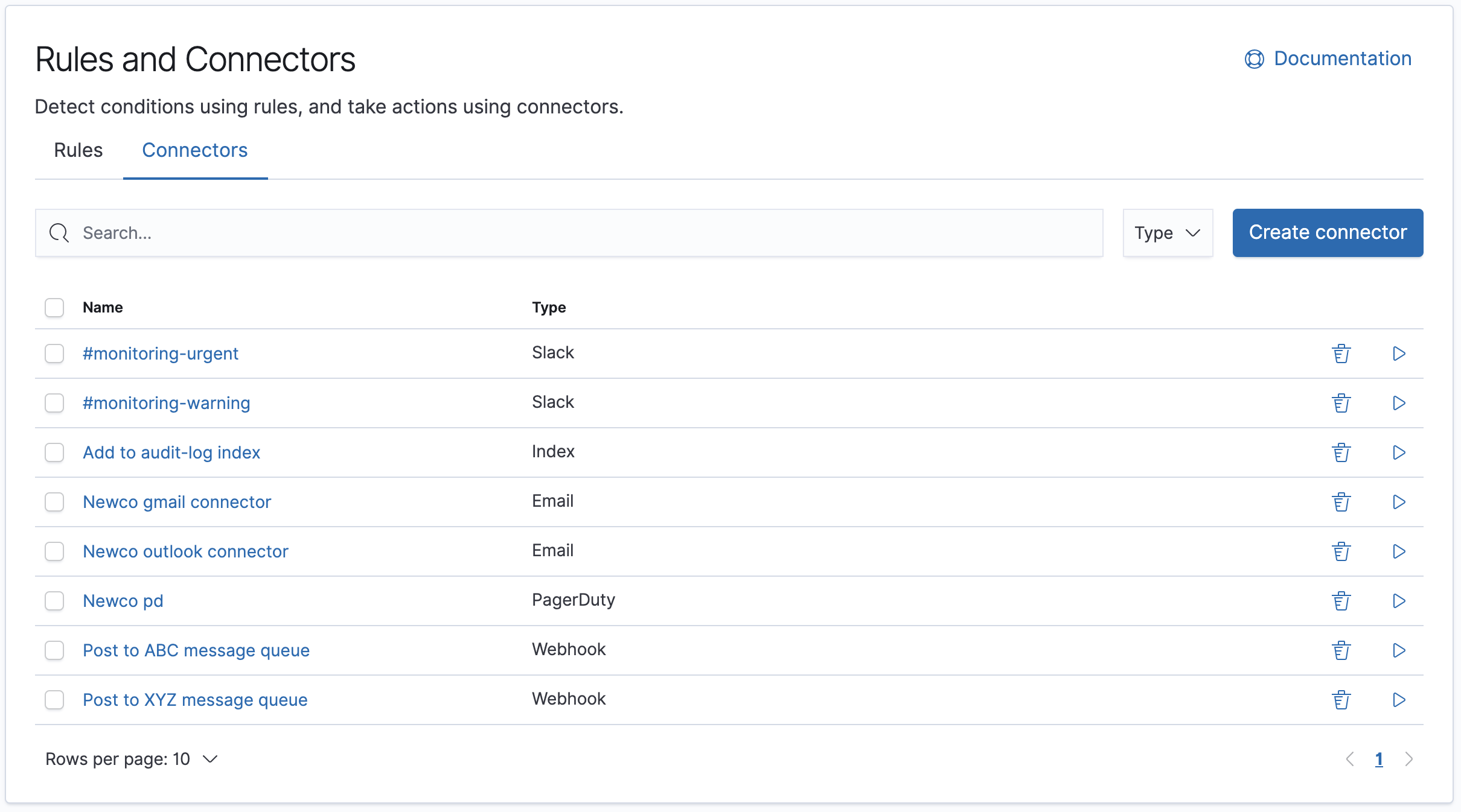 Example connector listing in the Rules and Connectors UI