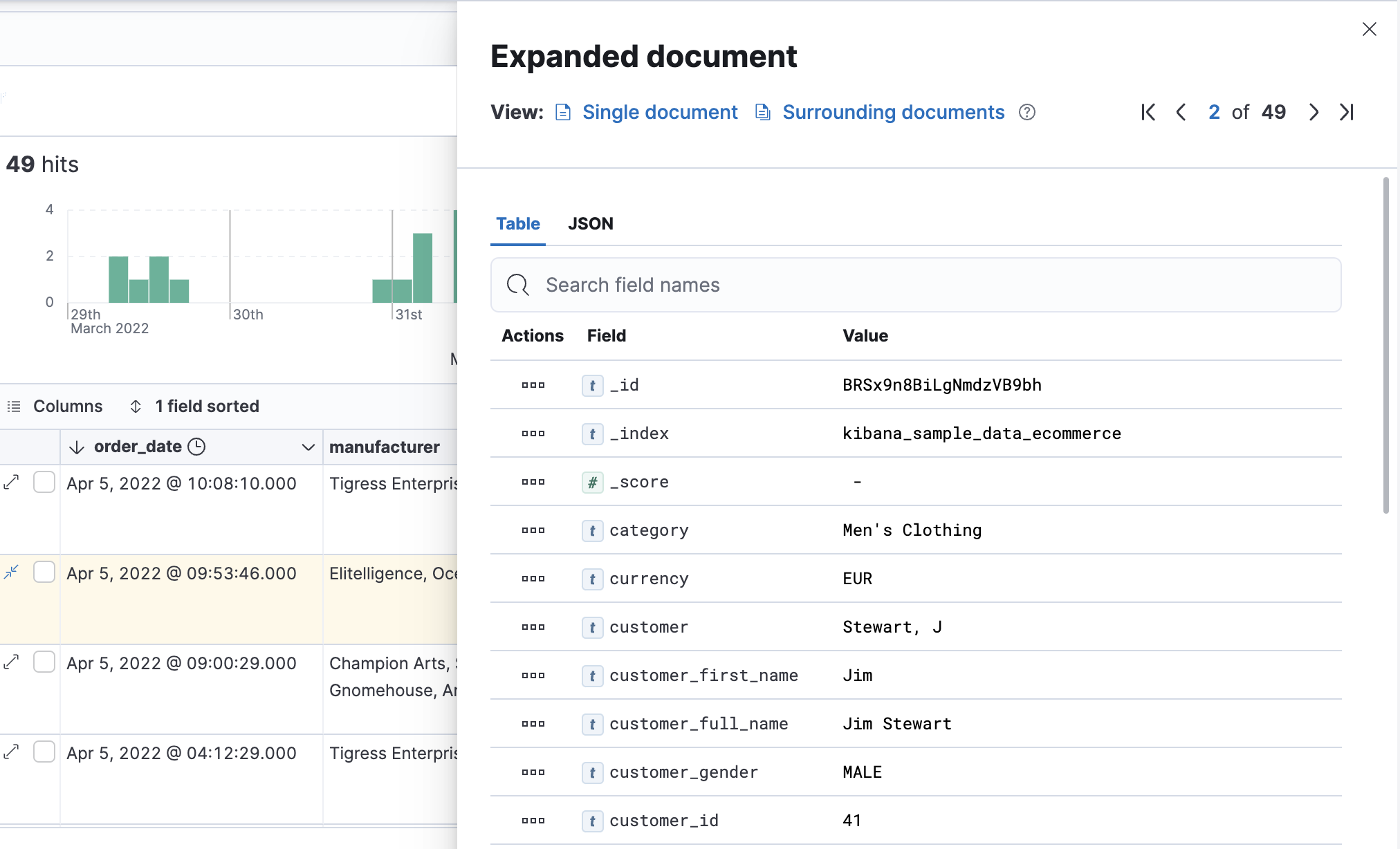 Table view with document expanded