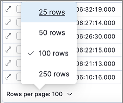 Menu with options for setting the number of rows in the document table