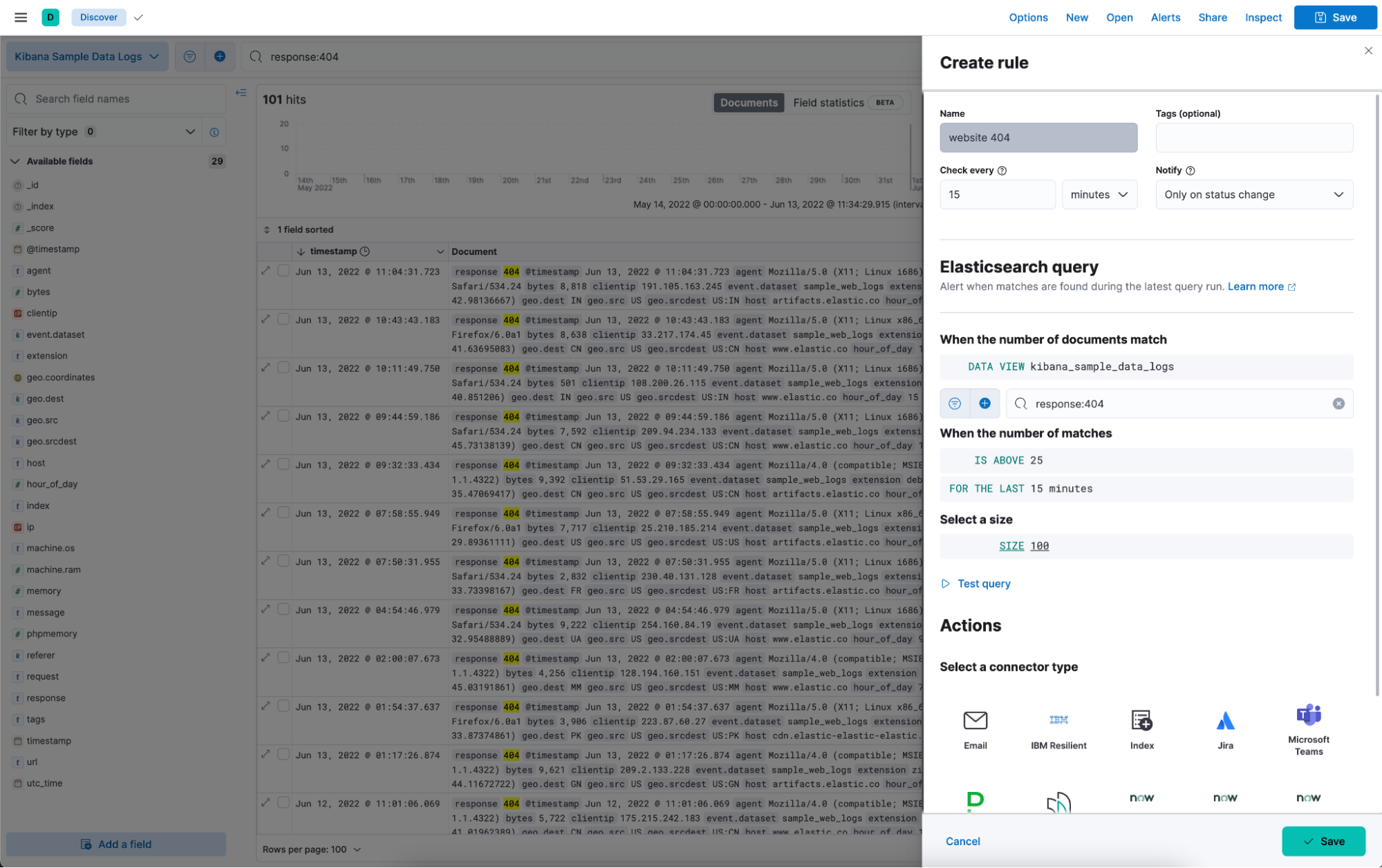 A view of the Create rule form opened from Discover