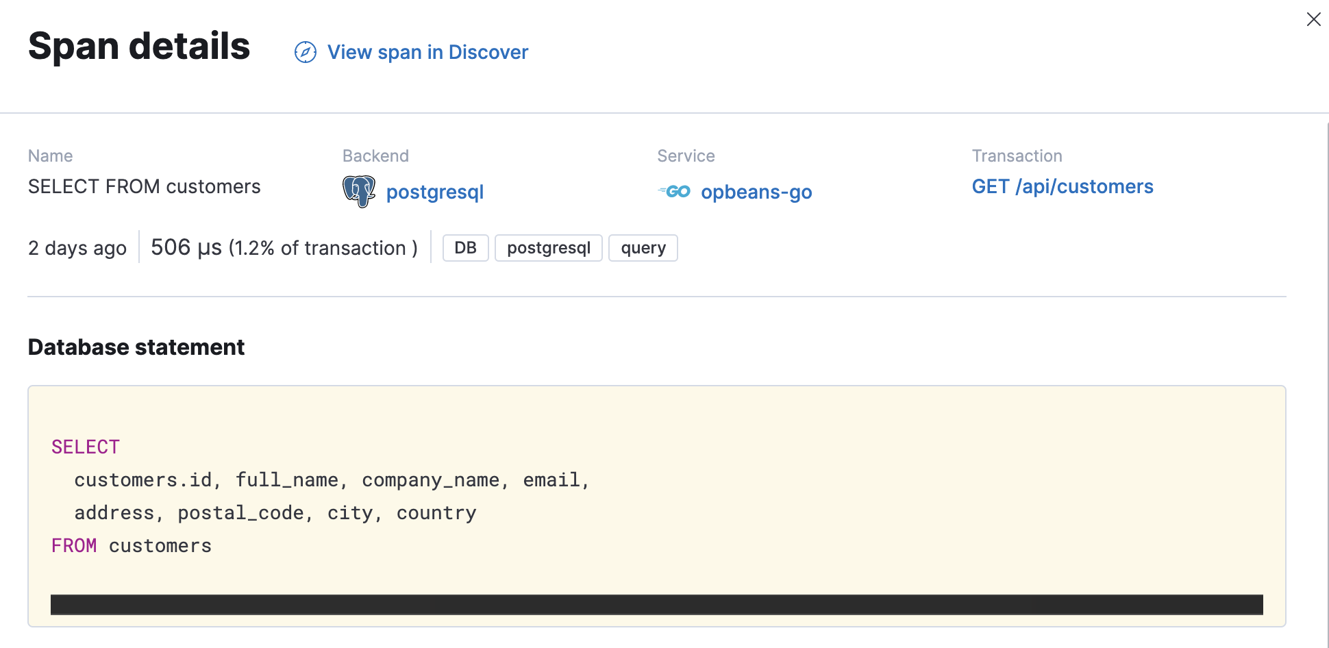 Example view of a span detail in the APM app in Kibana