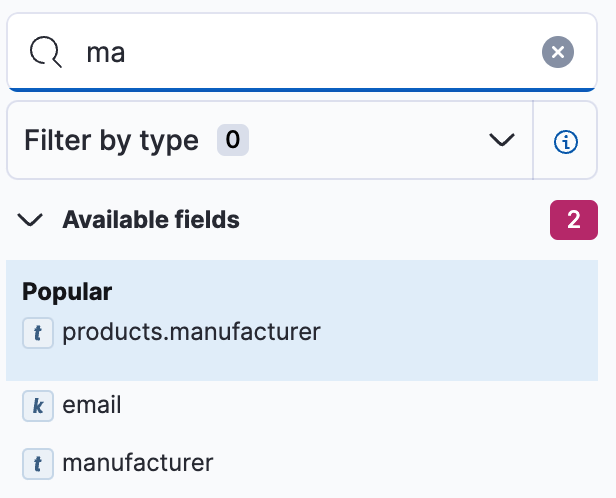 Fields list that displays the top five search results