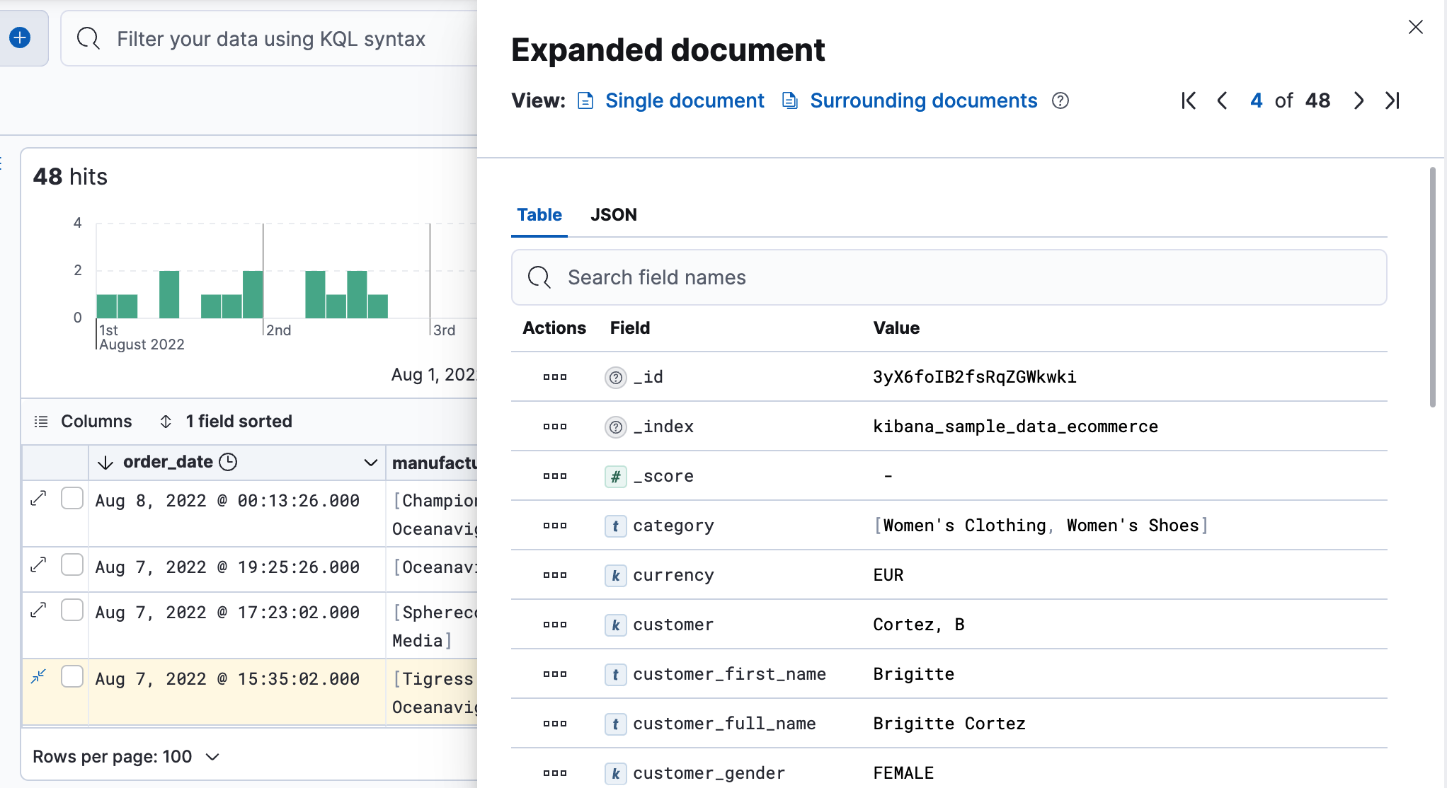 Expanded view of the document table