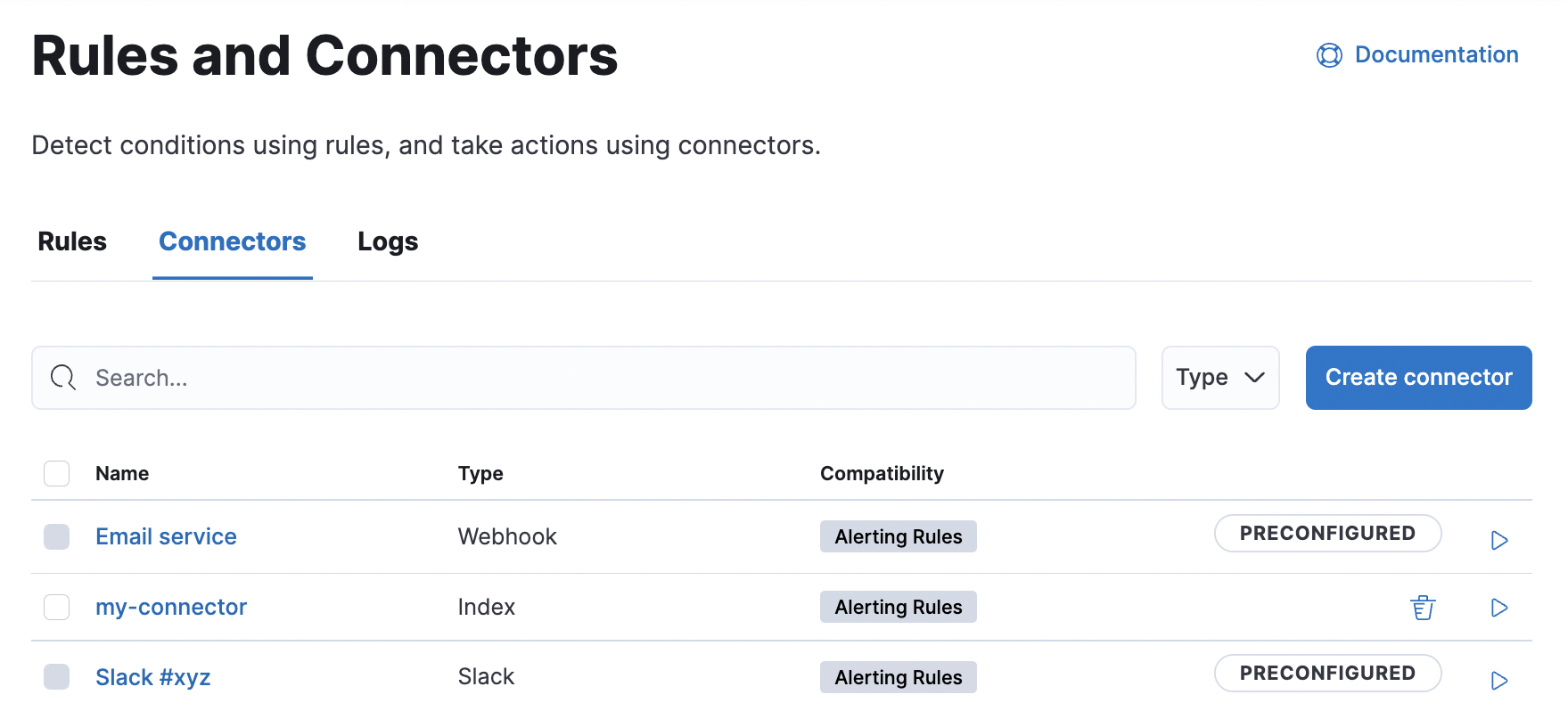 Connectors managing tab with pre-configured