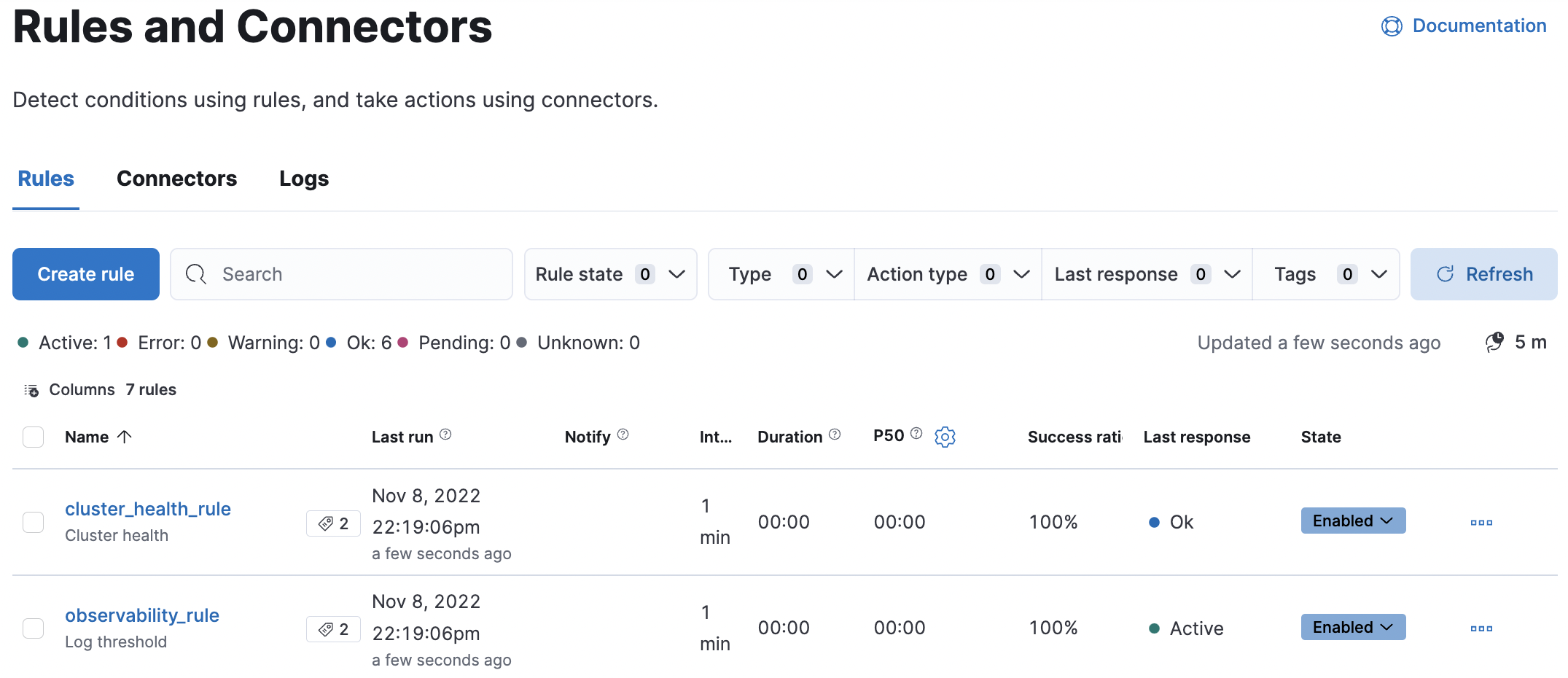 Example rule listing in Rules and Connectors