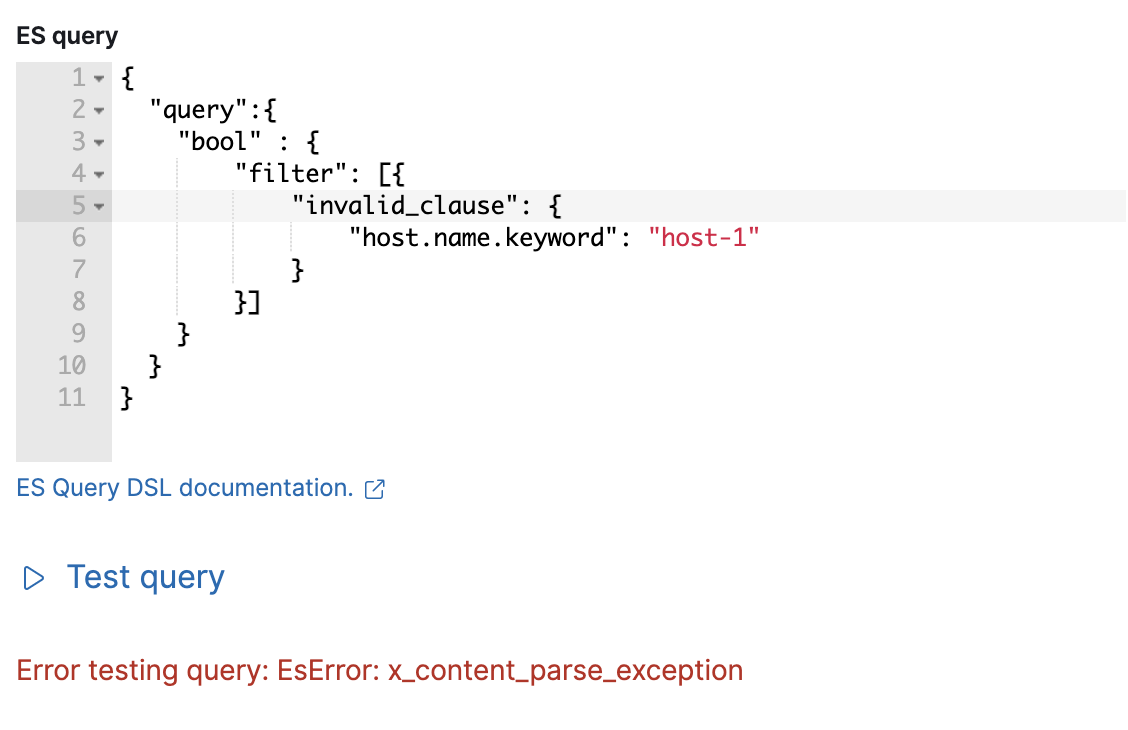 Test Elasticsearch query shows error when invalid