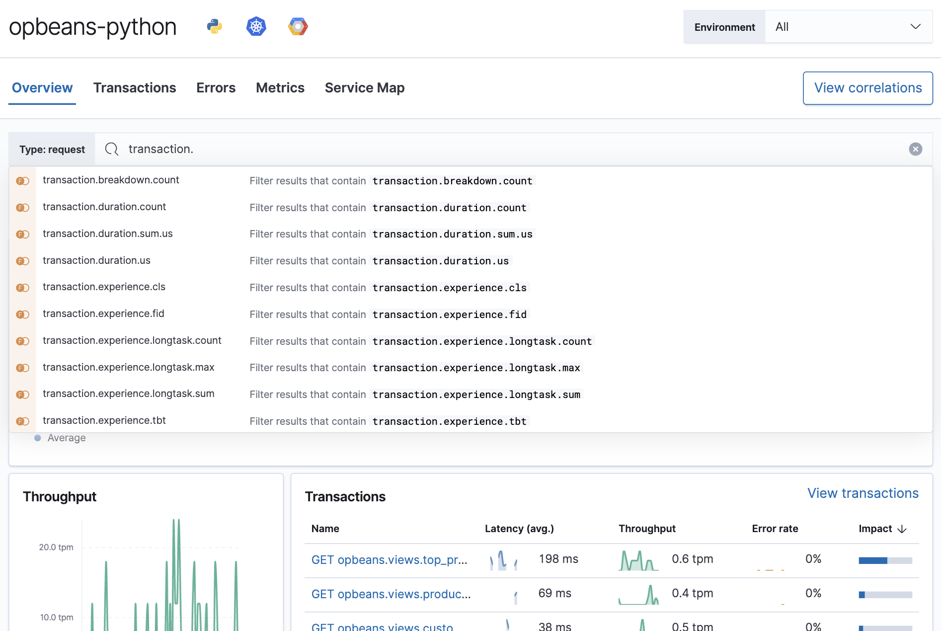 Example of the Kibana Query bar in APM app in Kibana