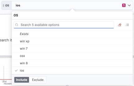 Options list control for the `machine.os.keyword` field with the `osx` and `ios` options selected