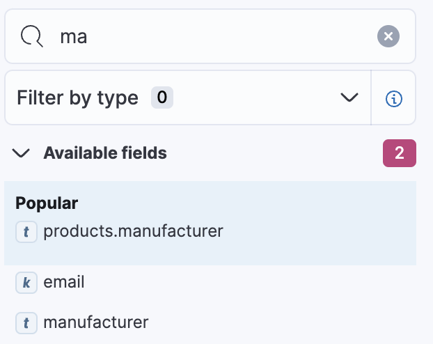 Fields list that displays the top five search results