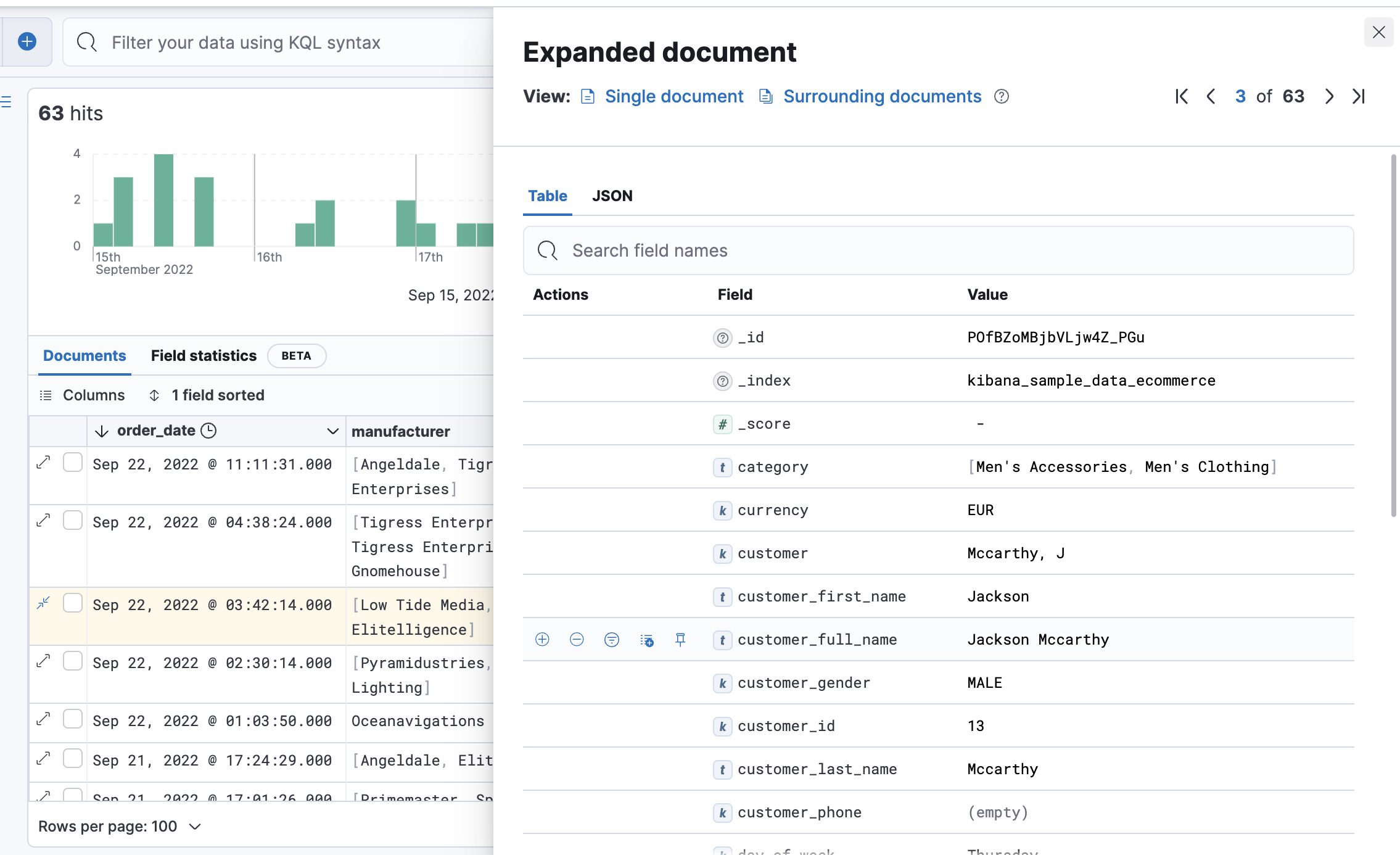 Expanded view of the document table