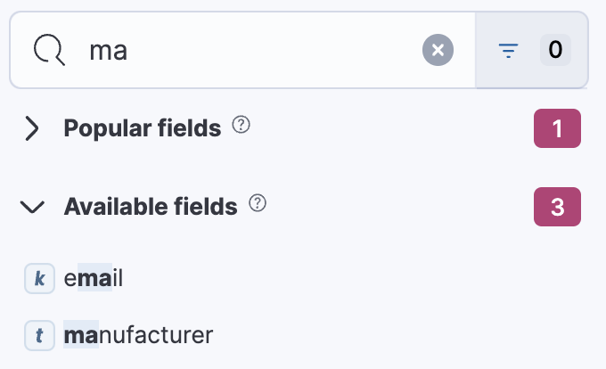 Fields list that displays the top five search results