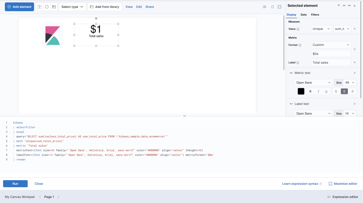 The total sales metric added to the workpad using Elasticsearch SQL