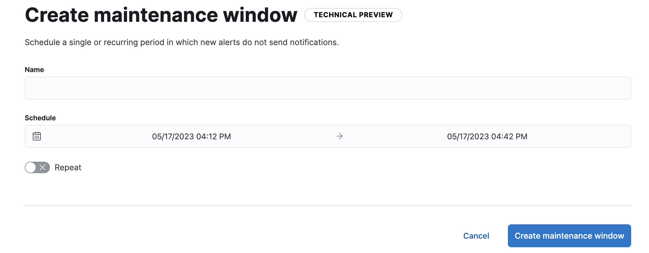 The Create Maintenance Window user interface in Kibana