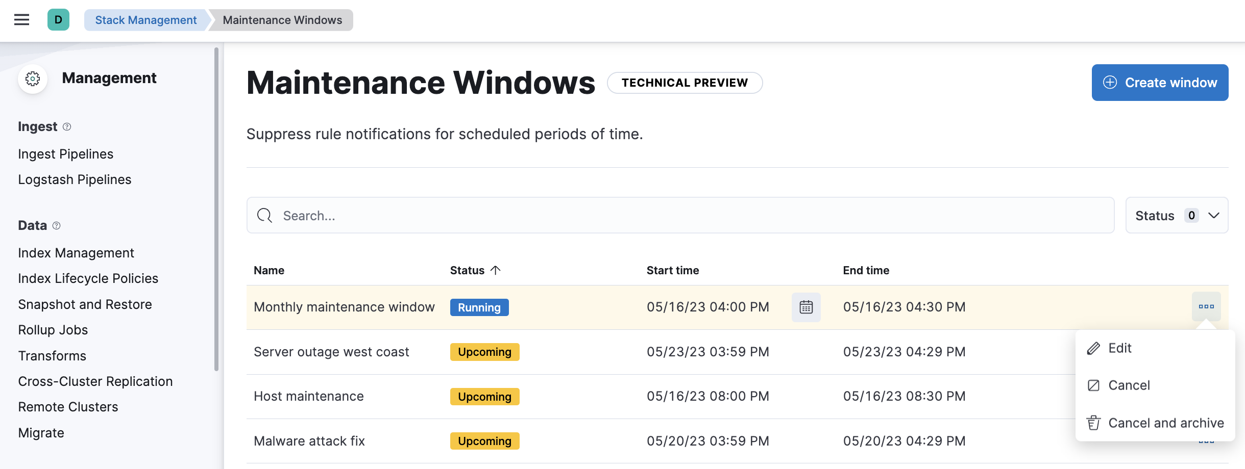 Viewing maintenance windows in Kibana