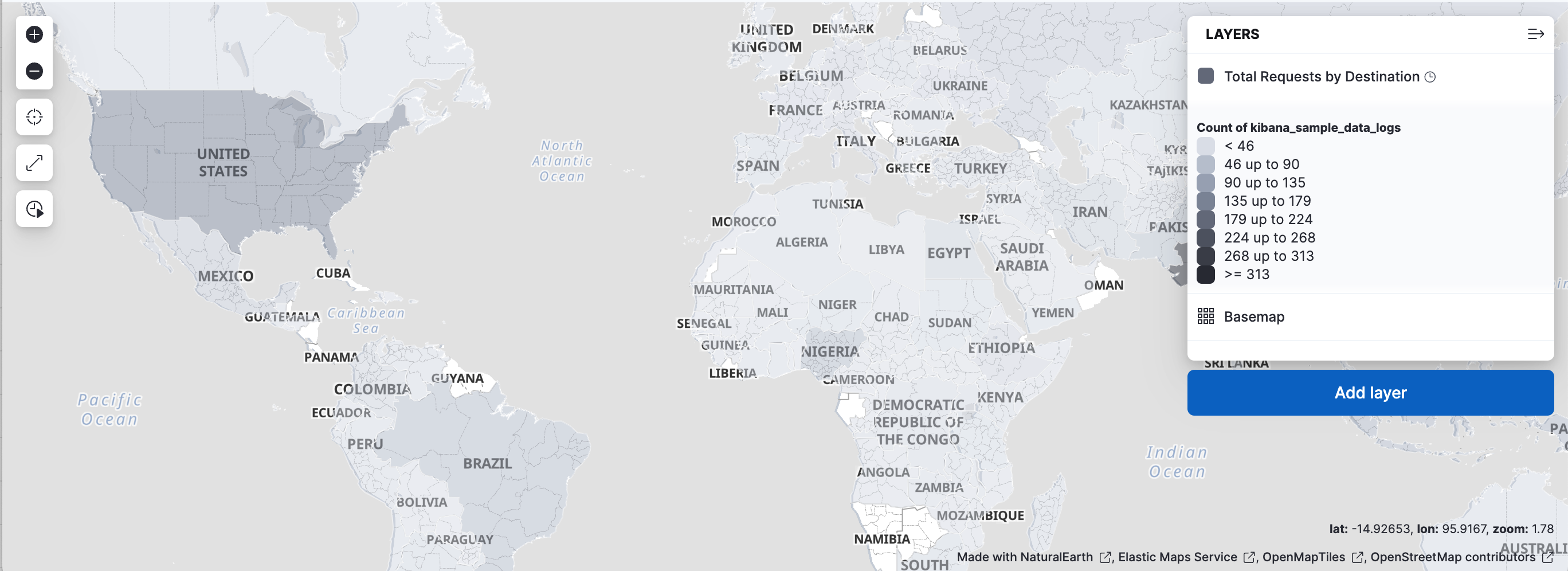 Map showing the Total Requests by Destination layer