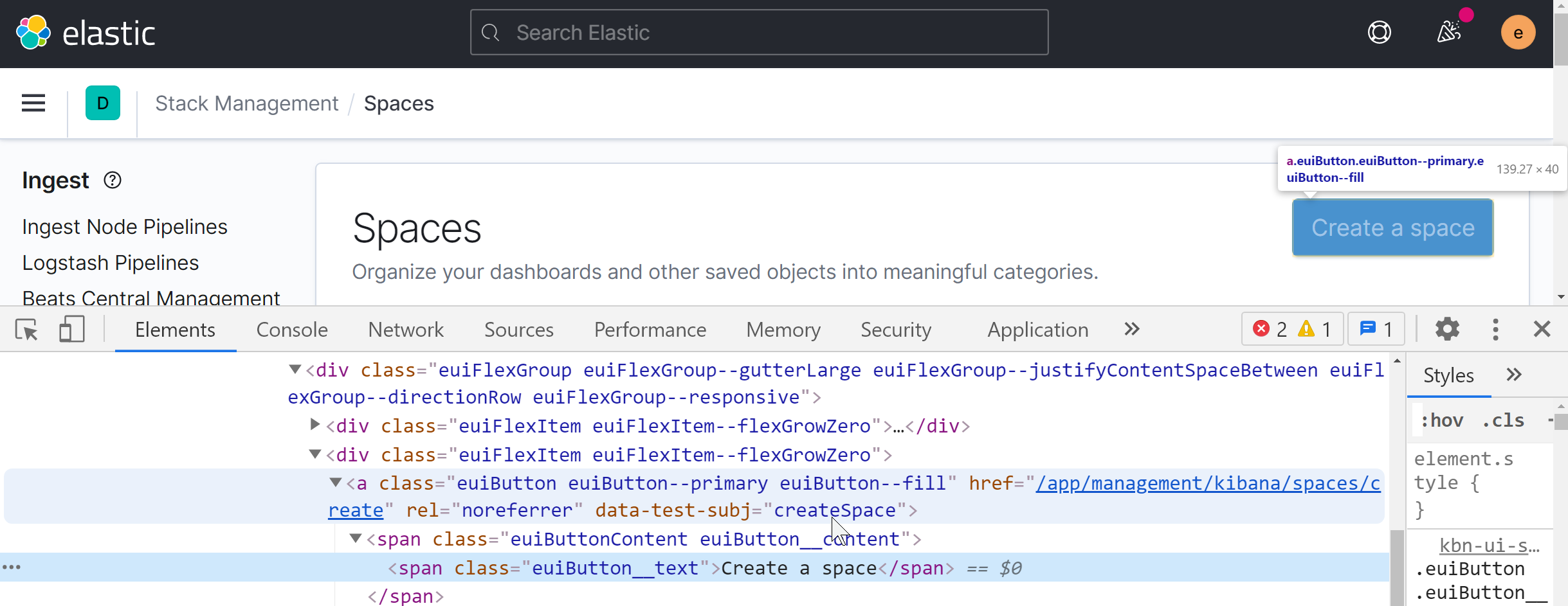 Kibana screenshot of Spaces page with developer tools open