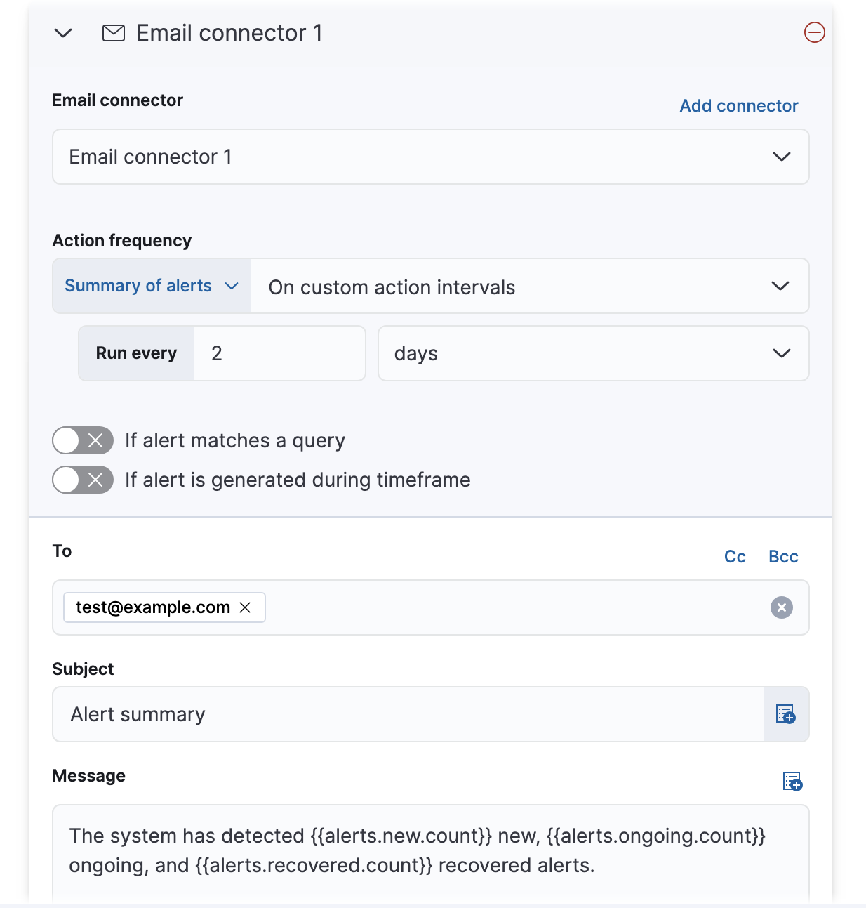 UI for defining alert summary action in an Elasticsearch query rule