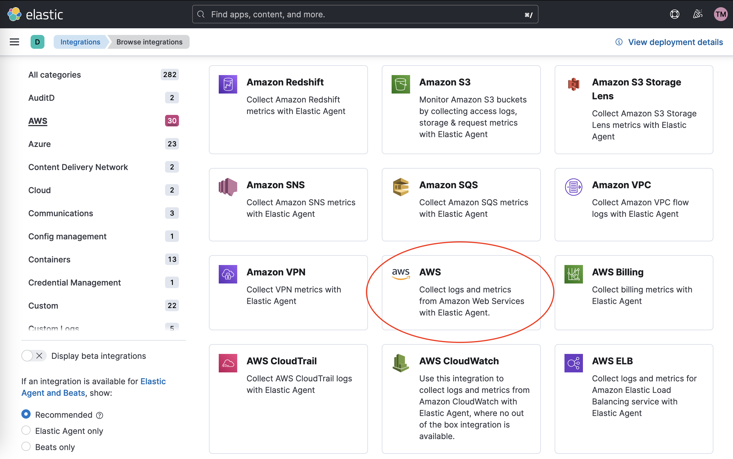 Integrations catalogue with the "AWS" integration highlighted