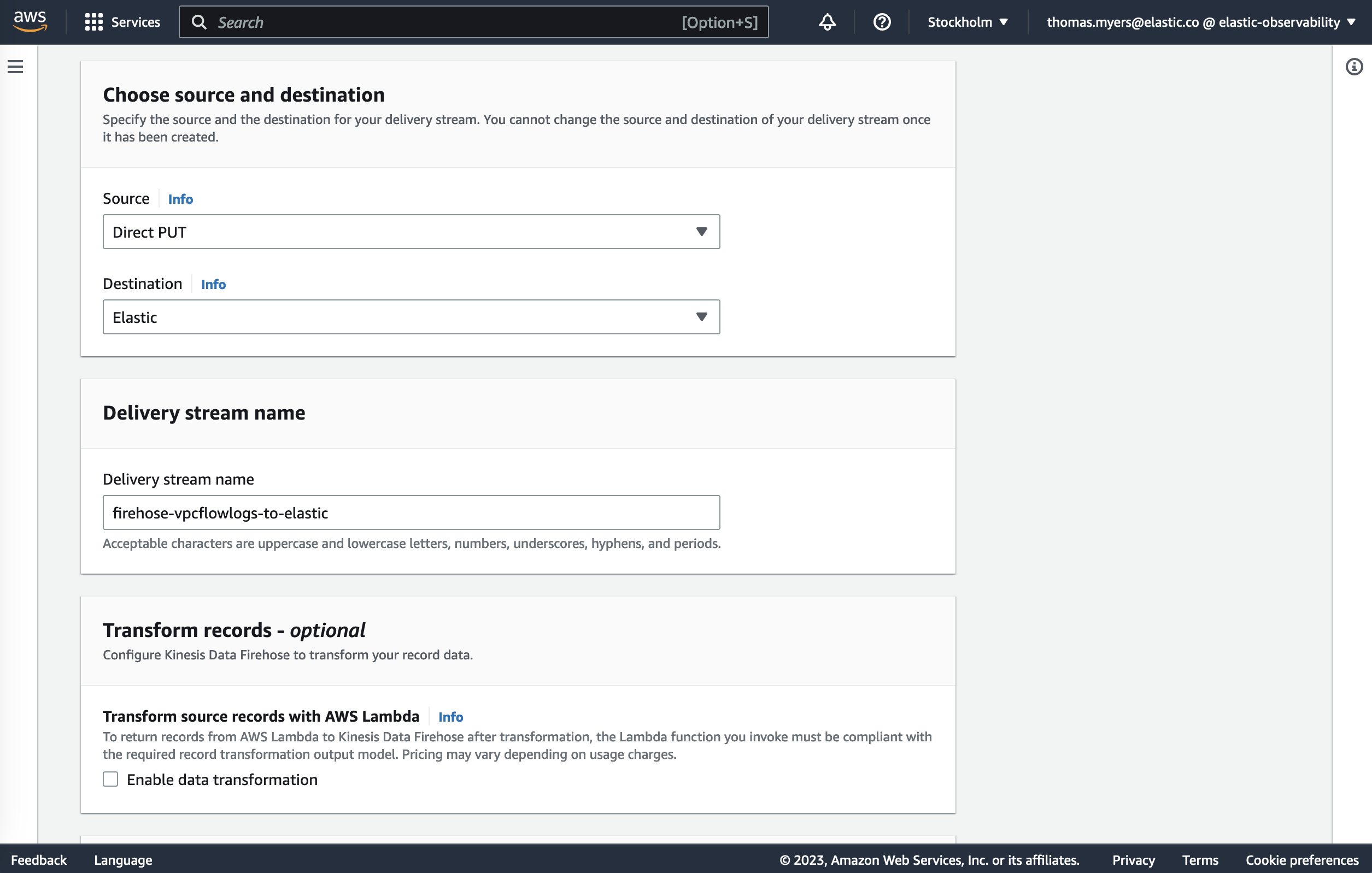 Amazon Kinesis Data Firehose delivery stream settings showing 'Choose source and destination'