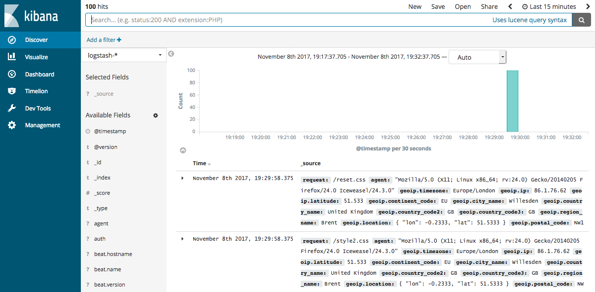 Discovering Filebeat data in Kibana