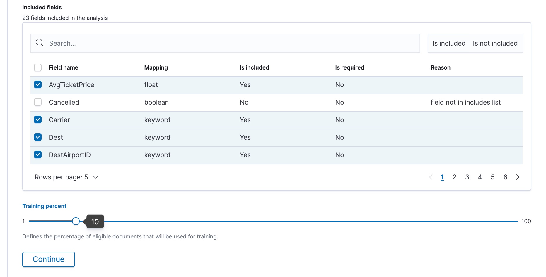 Creating a data frame analytics job in Kibana – continued