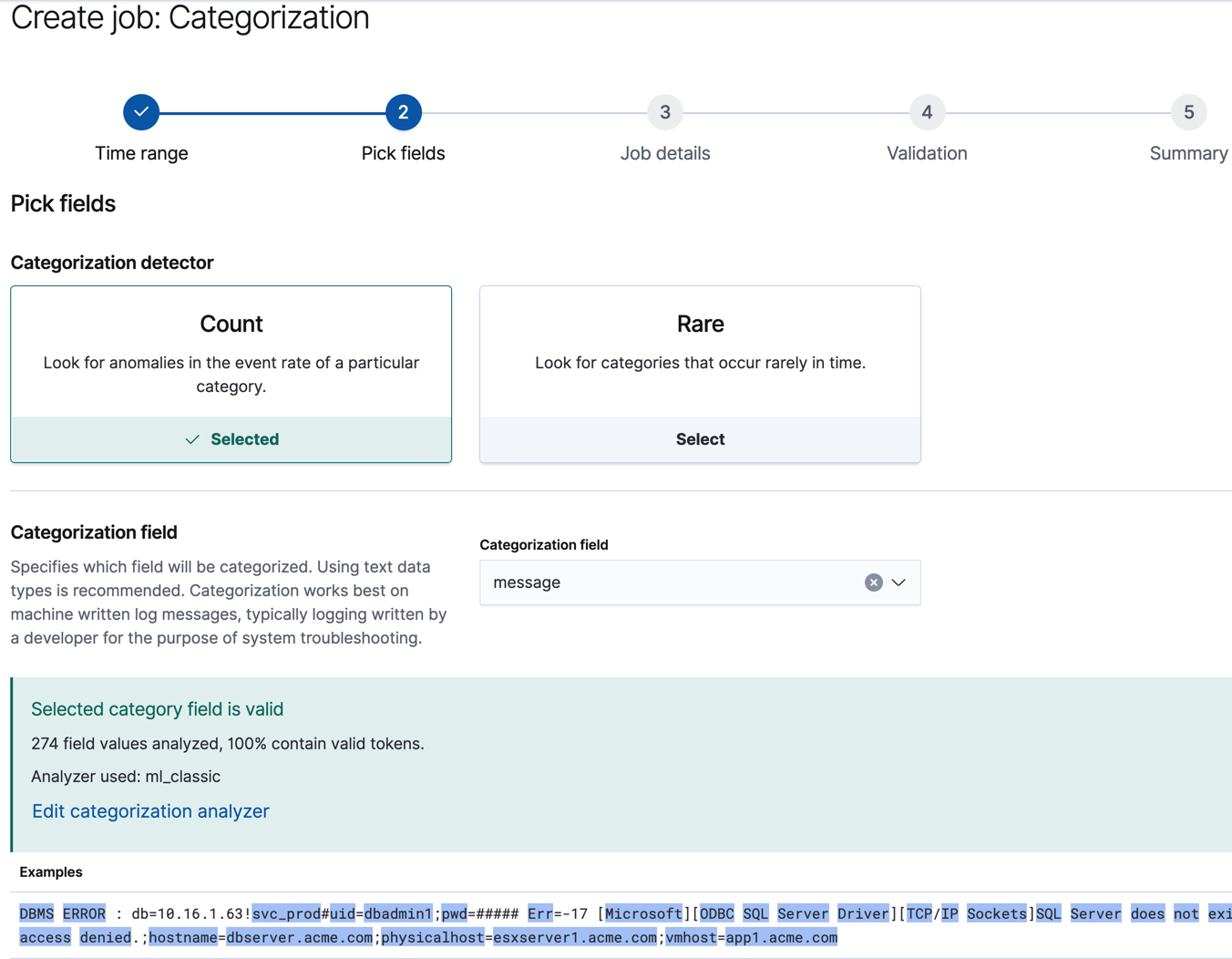 Creating a categorization job in Kibana