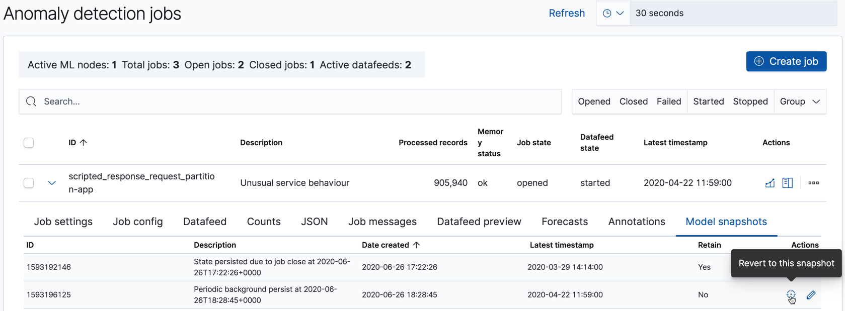 Example screenshot with a list of model snapshots