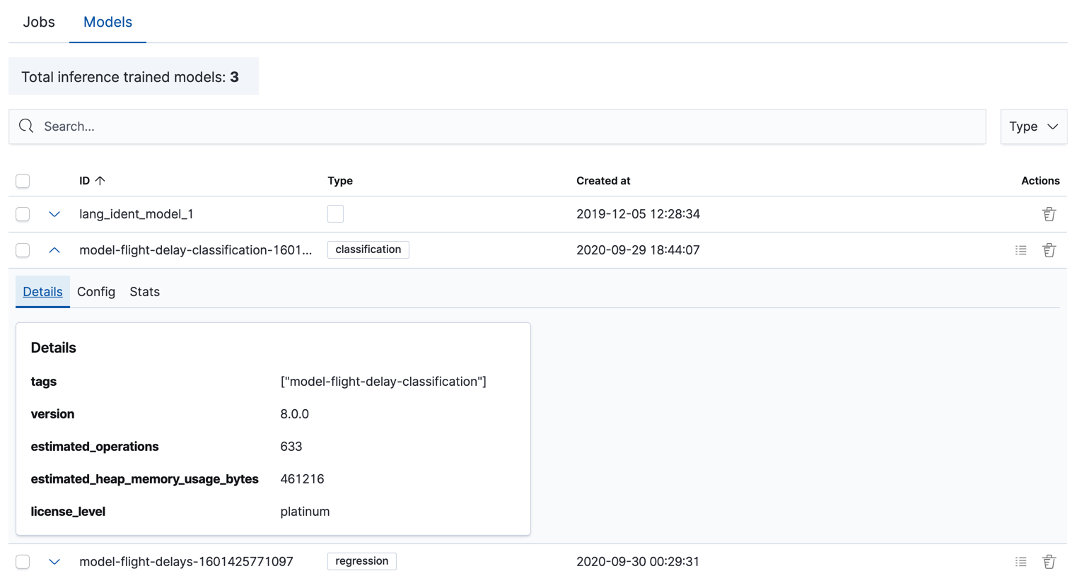 List of trained models in the Machine Learning app in Kibana