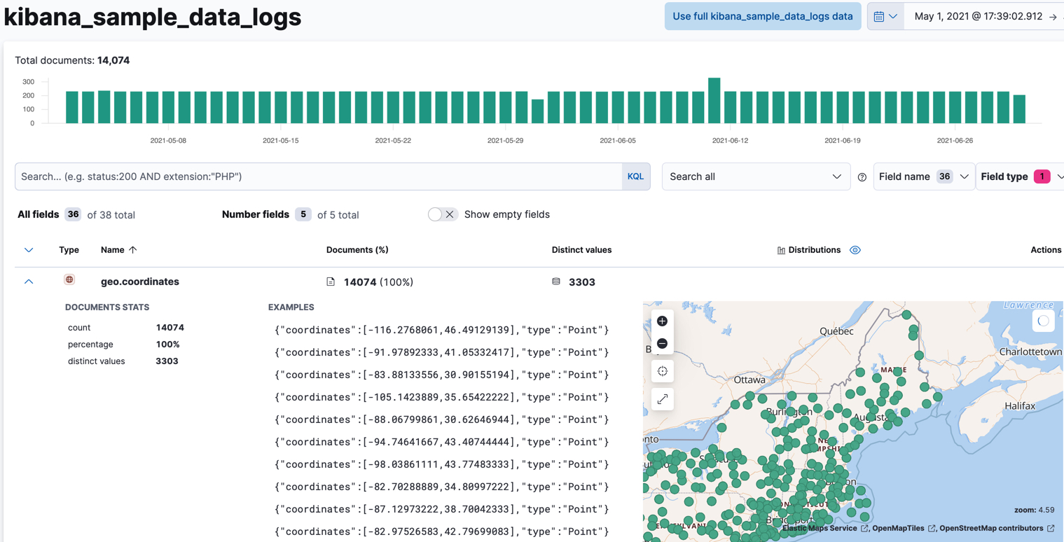 A screenshot of a geo_point field in Data Visualizer