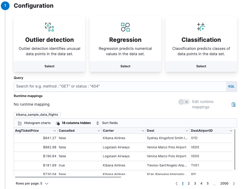 Creating a data frame analytics job in Kibana