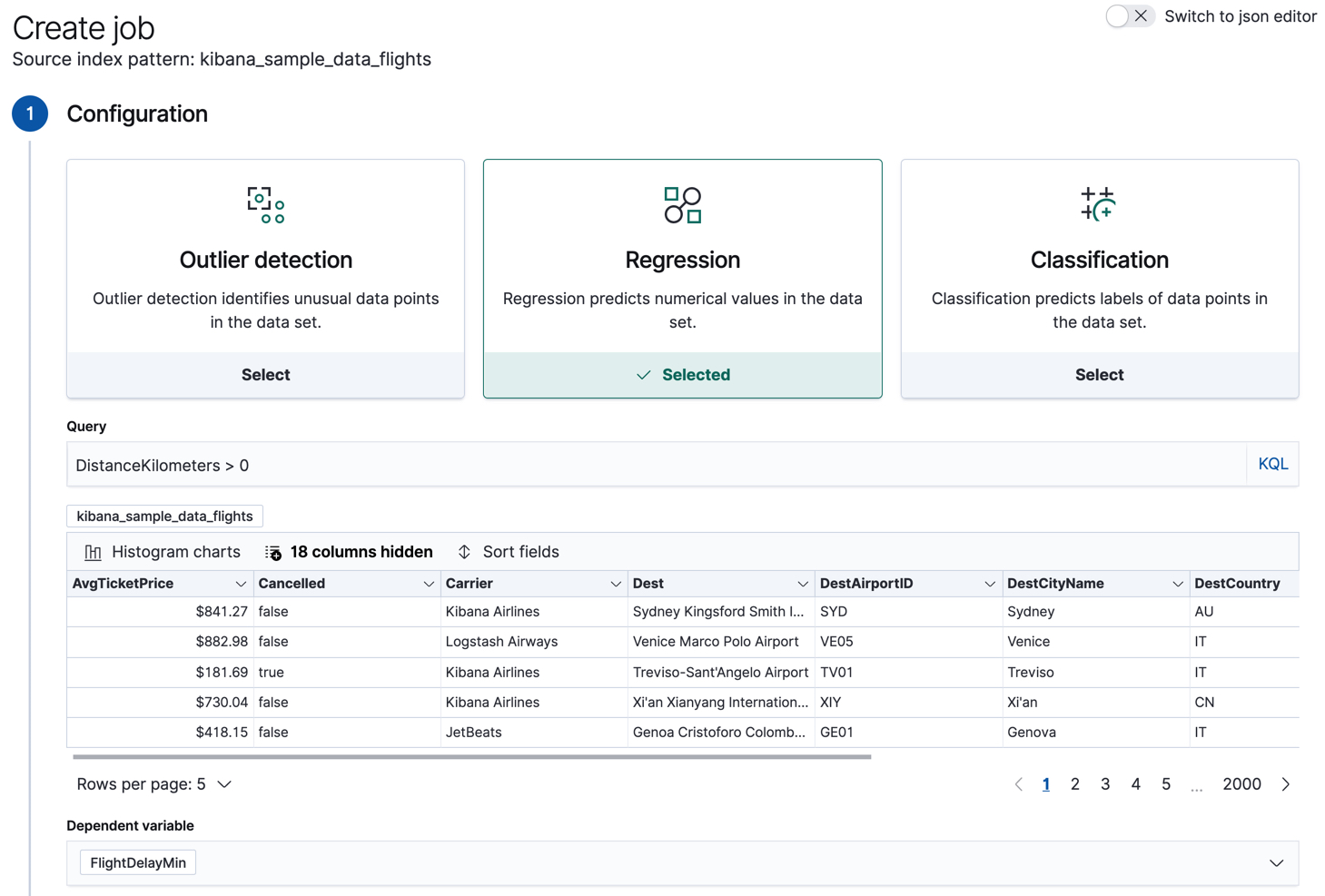 Creating a data frame analytics job in Kibana