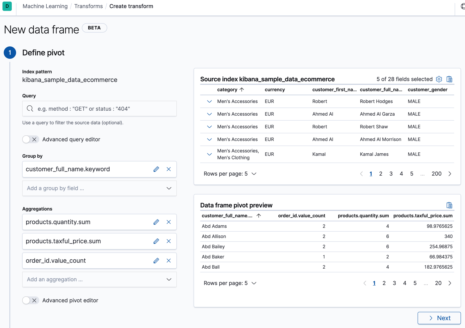 Creating a transform in Kibana