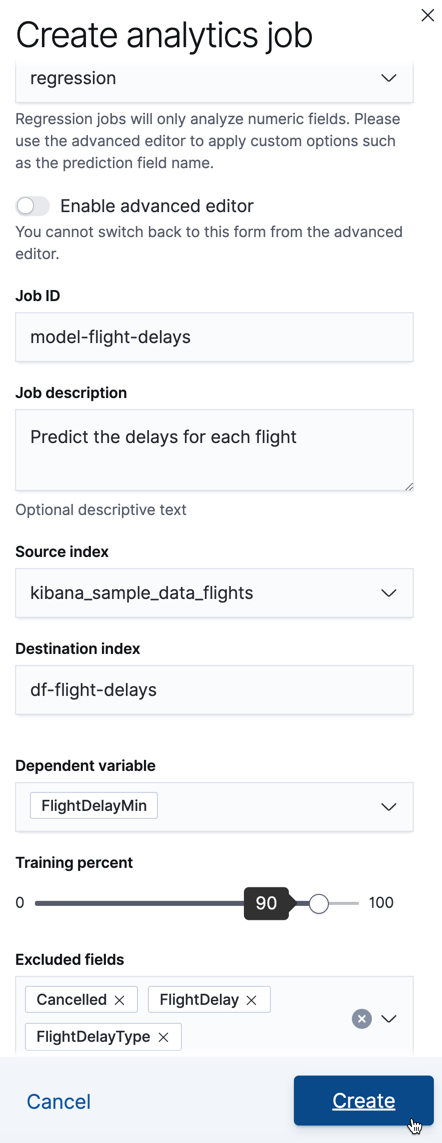 Creating a data frame analytics job in Kibana