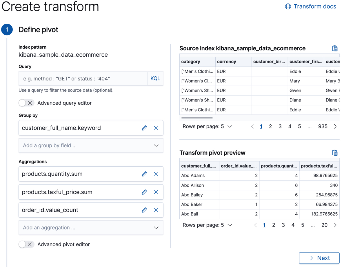 Creating a transform in Kibana