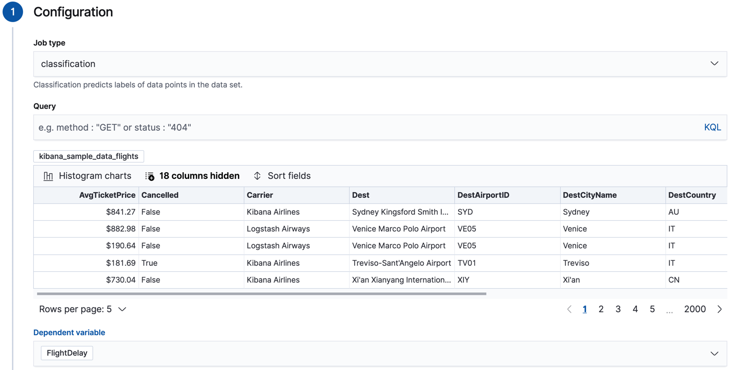 Creating a data frame analytics job in Kibana