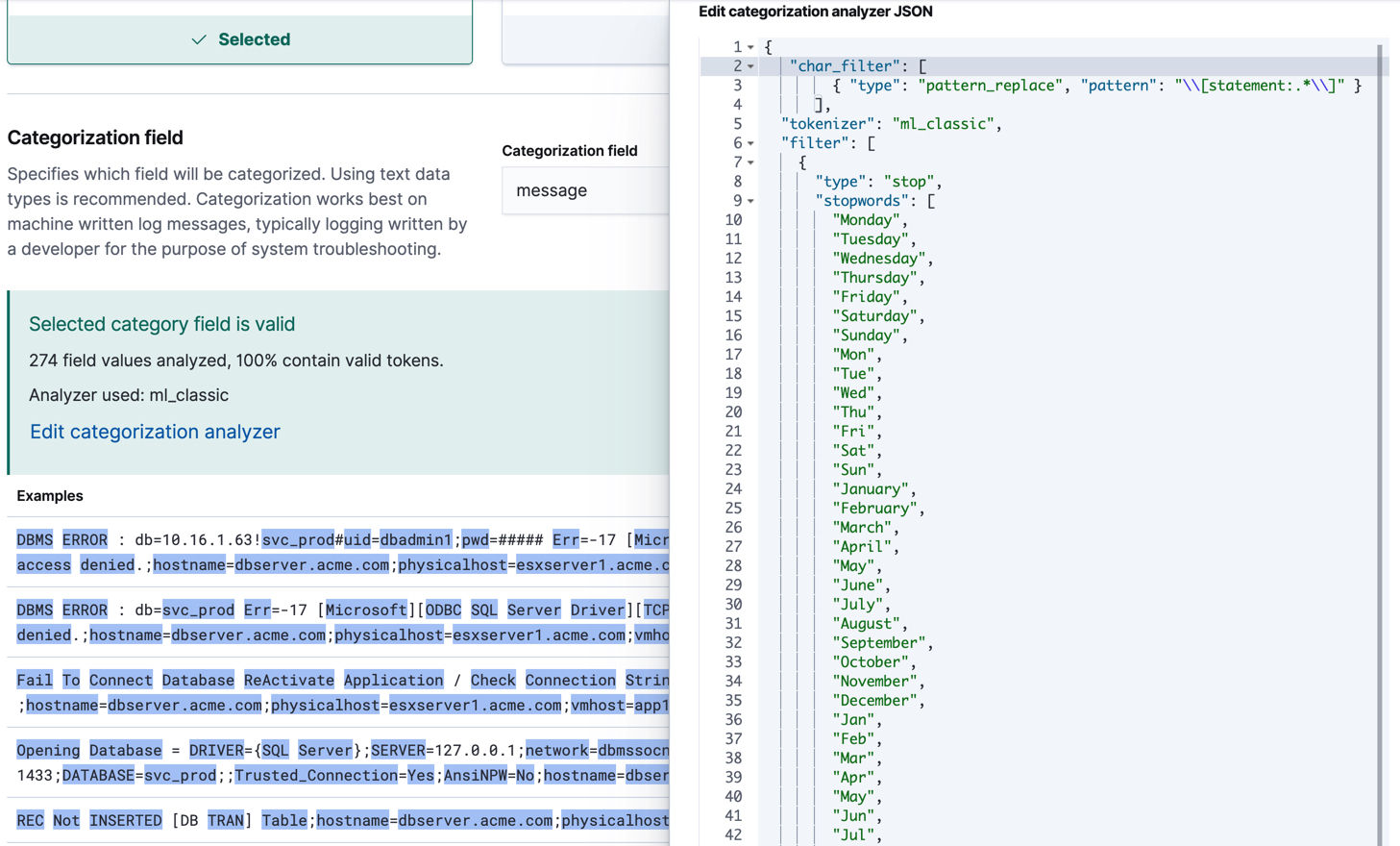 Editing the categorization analyzer in Kibana