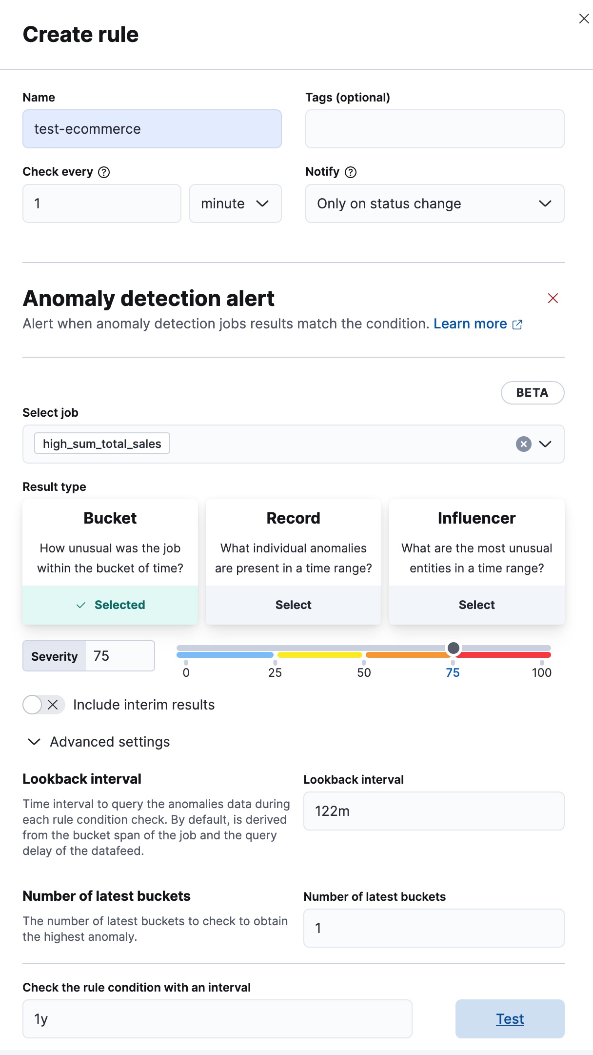 Selecting result type, severity, and test interval