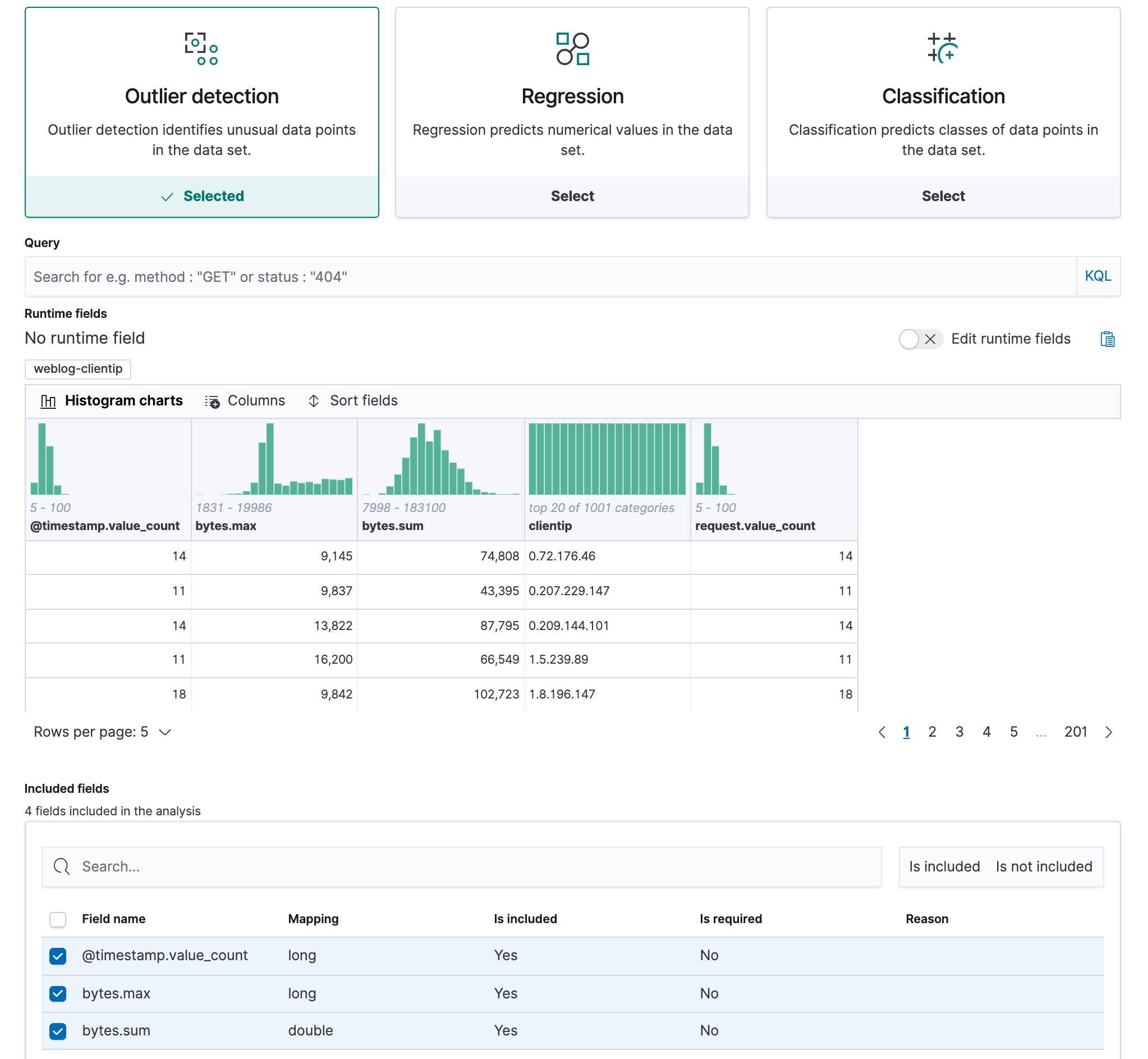 Create a data frame analytics job in Kibana