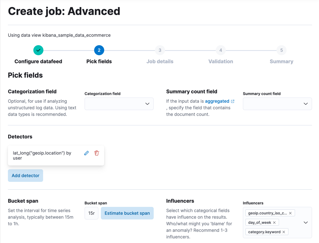 A screenshot of creating an anomaly detection job using the eCommerce data in Kibana