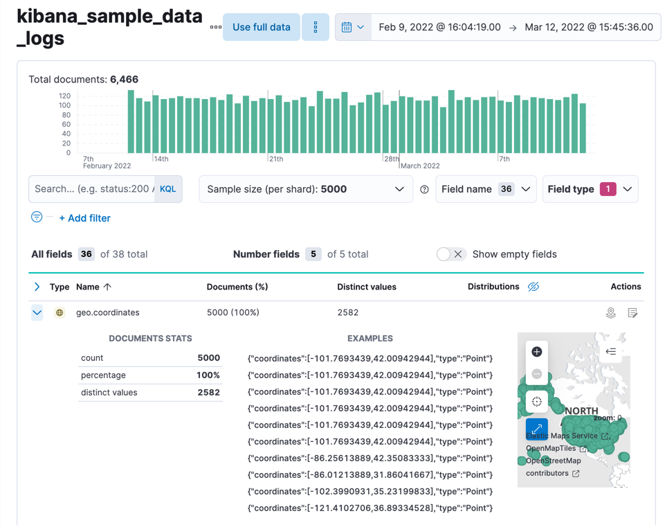 A screenshot of a geo_point field in Data Visualizer