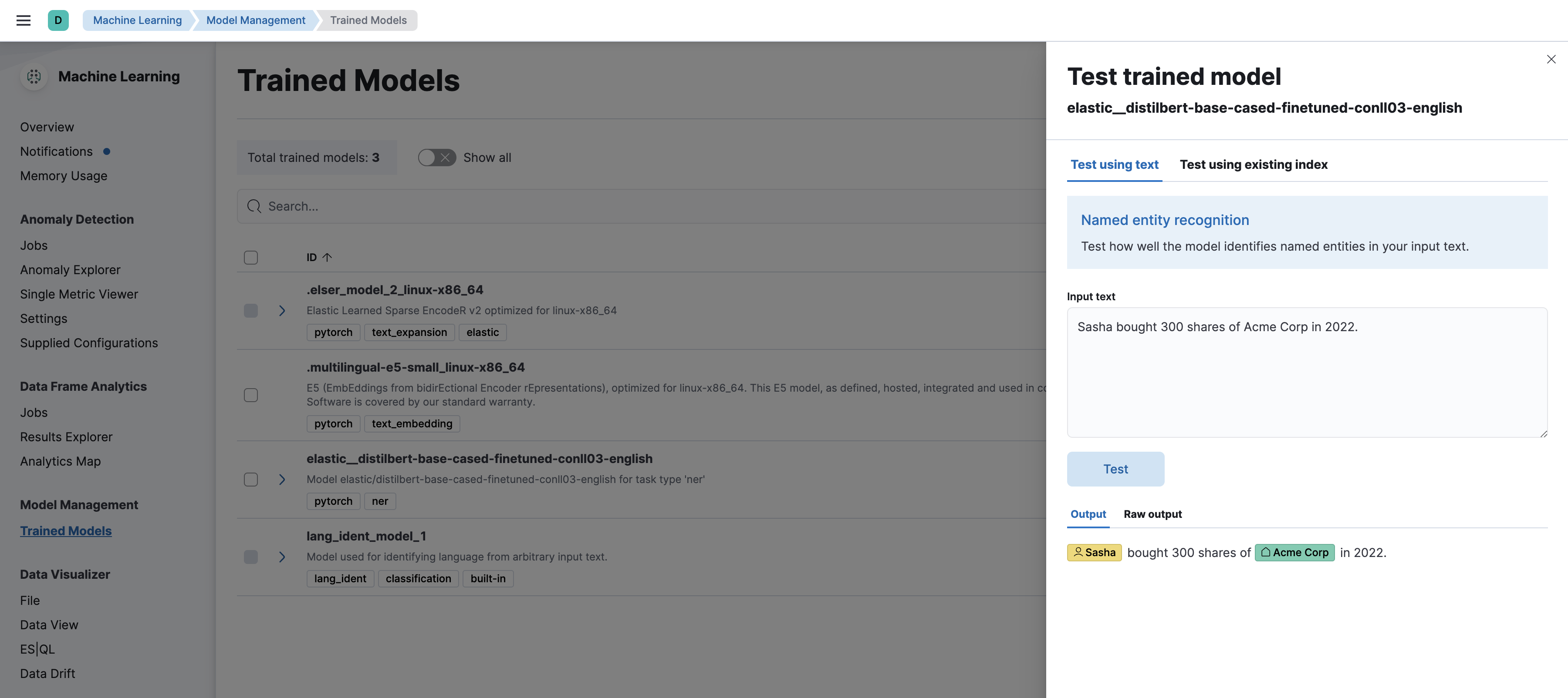 Testing a sentence with two named entities against a NER trained model in the *machine learning* app